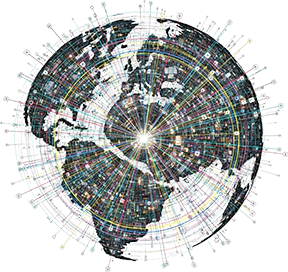 Illustration with the contours of Earth and a myriad of lines emanating from its centre